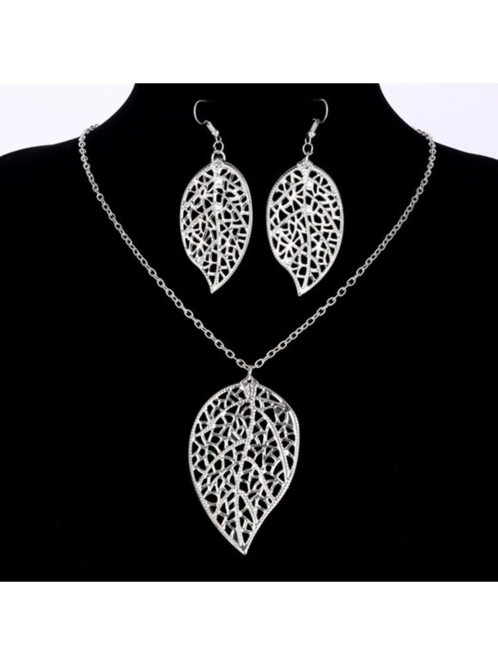 Silver Leaf Necklace & Earrings Set